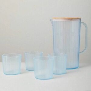 Hearth & Hand Blue Beverage Pitcher and Tumbler Set (4) with Light Wood Lid